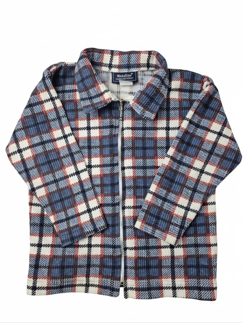 Vintage 90s Medallion Plaid Long Sleeve Zip Up Shirt Jacket Blue Red Size M 5/6
